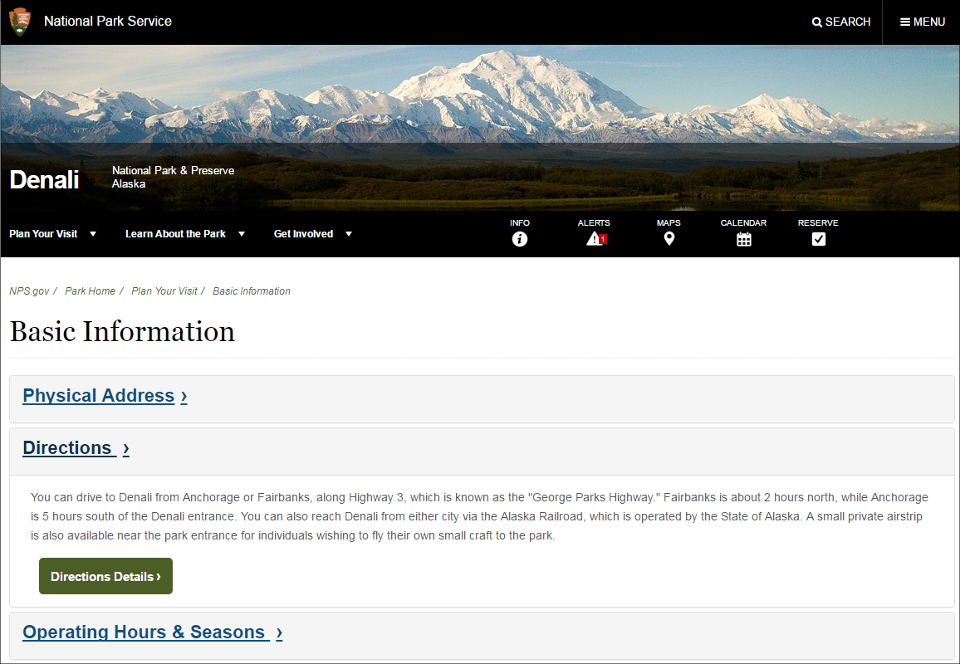Screenshot of Denali's basic information page