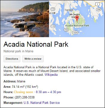 Screenshot showing information about Acadia National park generated from a web search