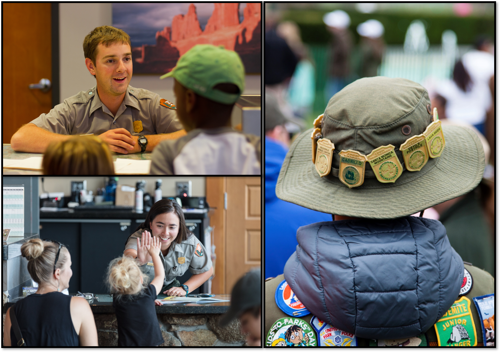 Gallery of images showing junior rangers being sworn in. On the right is a person wearing a soft brimmed hat lined with junior ranger pins