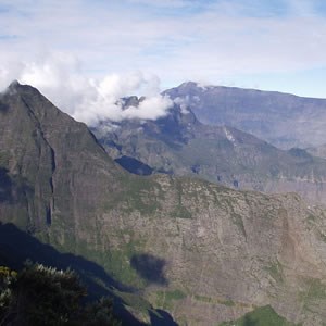 An aerial view of the high craggy peaks of La Reunion National Park.
