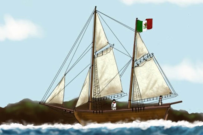 Modern rendering of the Peor es Nada, the schooner that took native islanders from San Nicolas Island to the mainland in 1835. Illustration by Elizabeth Chapin.