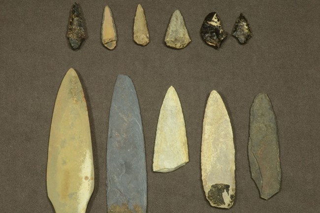 Stone projectile points for spears and arrows. Found on San Nicolas Island in cache from 1800s. Courtesy of Department of Anthropology, California State University, Los Angeles.