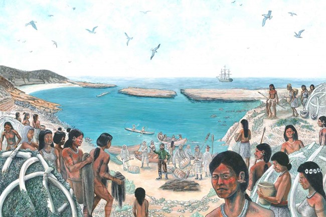 Artist’s impression of how it may have looked from the village site overlooking Corral Harbor when Russians and Alaska Natives were on the island hunting sea otters. Illustration by Michael Ward.