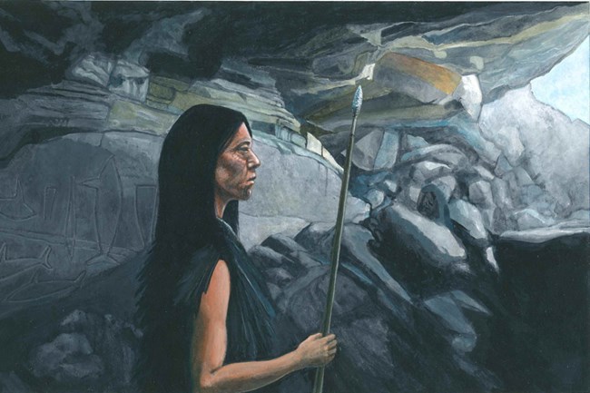 Artist’s impression of the Lone Woman in Cave of the Whales on San Nicolas Island. Illustration by Michael Ward.