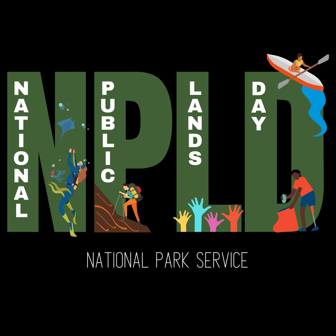 Graphic reading "NPLD. National Public Lands Day, National Park Service" with illustrations of visitors doing various park activities like scuba diving, hiking, kayaking, and picking up trash