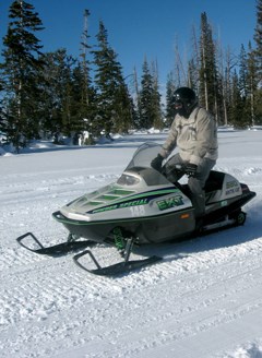 Person on a snowmobile in a winter landscape.