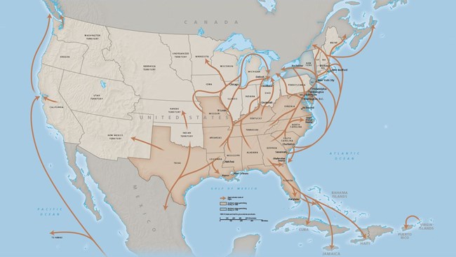 Map focused on the United States showing geographic trends of where people went when escaping slavery.