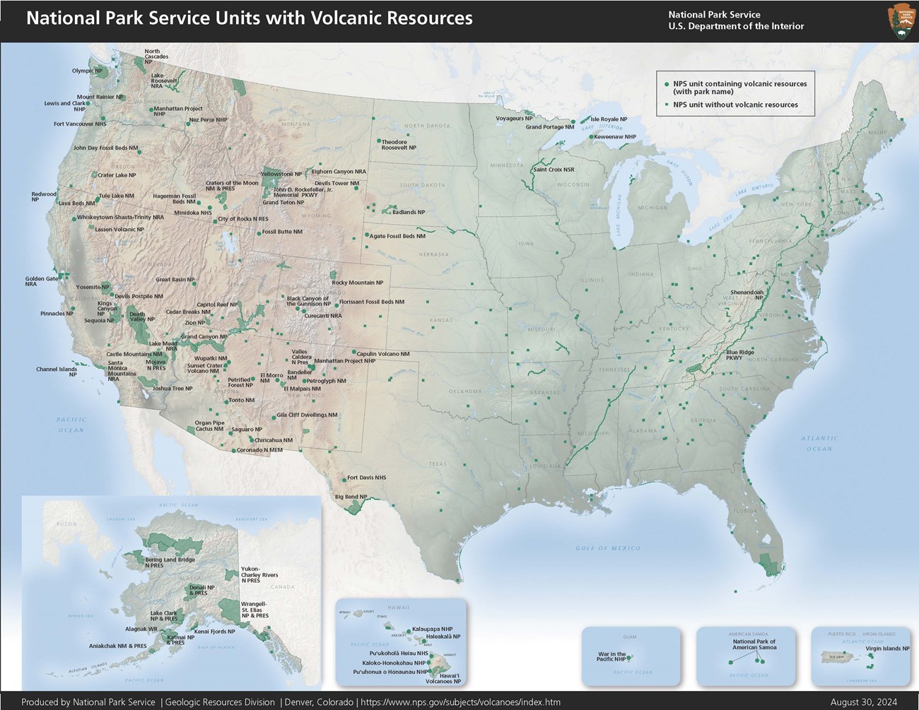 Map of the U.S. with tiny circles in the approximate locations of the more than 90 parks with volcanic resources.