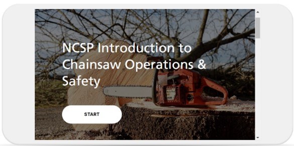 A screenshot of a training titled "NCSP Introduction to Chainsaw Operations & Safety" on a mobile device.