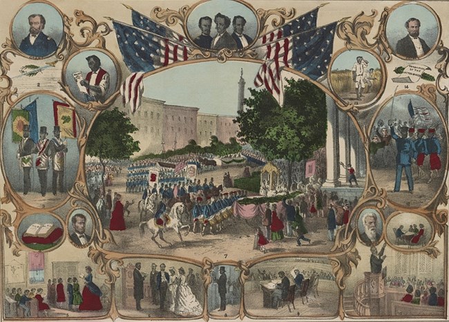 Parade surrounded by portraits of Black life, illustrating rights granted by the 15th amendment. Library of Congress.