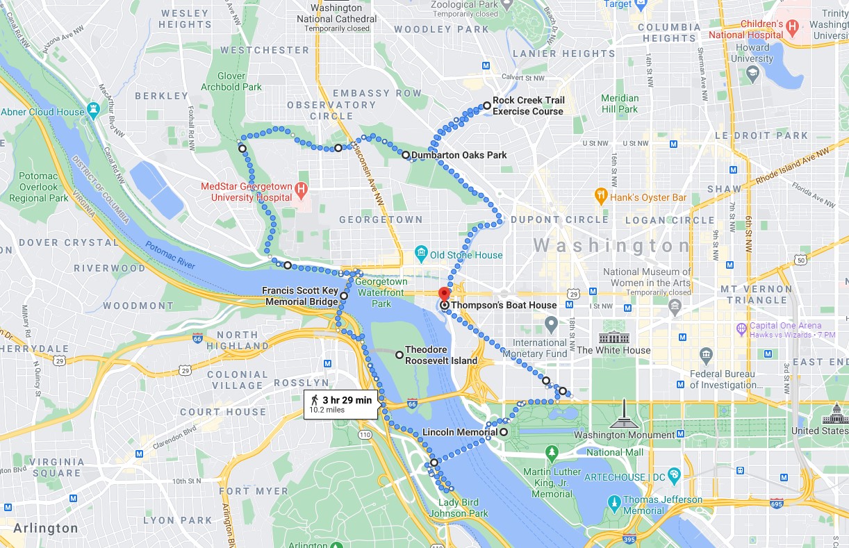 a map of the Georgetown and National Mall areas of Washington, DC