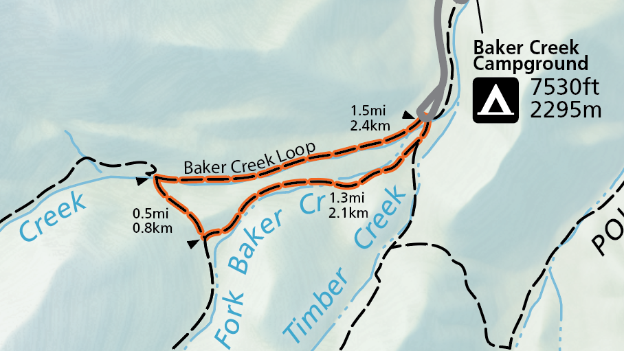 A color image of a selection of the official map of the national park. A grey road enters from the top and ends in a loop. From here an orange highlighted trail labeled "Baker Creek Loop" circles with distance markers.