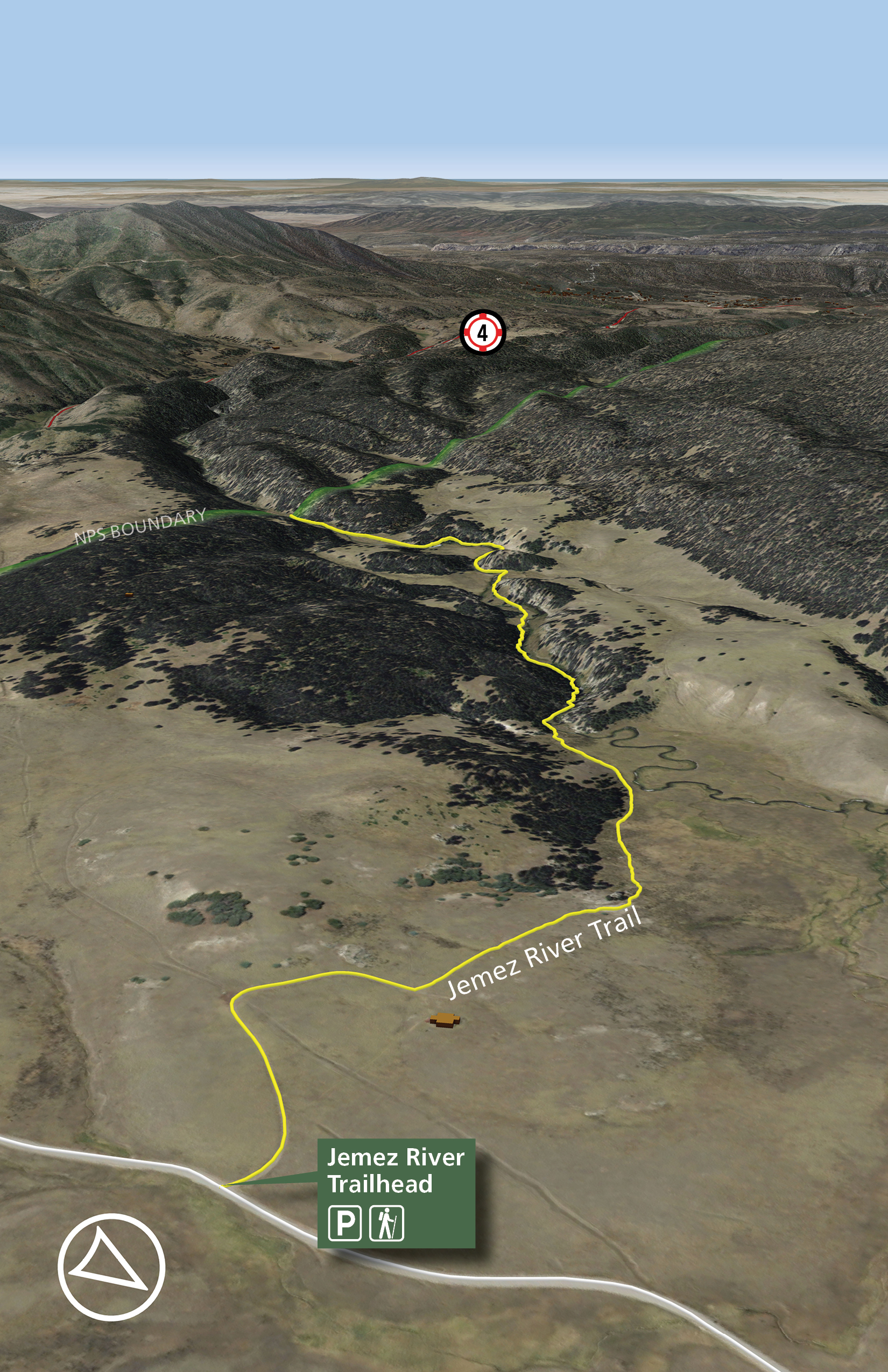 A map showing aerial imagery of a trail through a narrow canyon in a montane grassland.