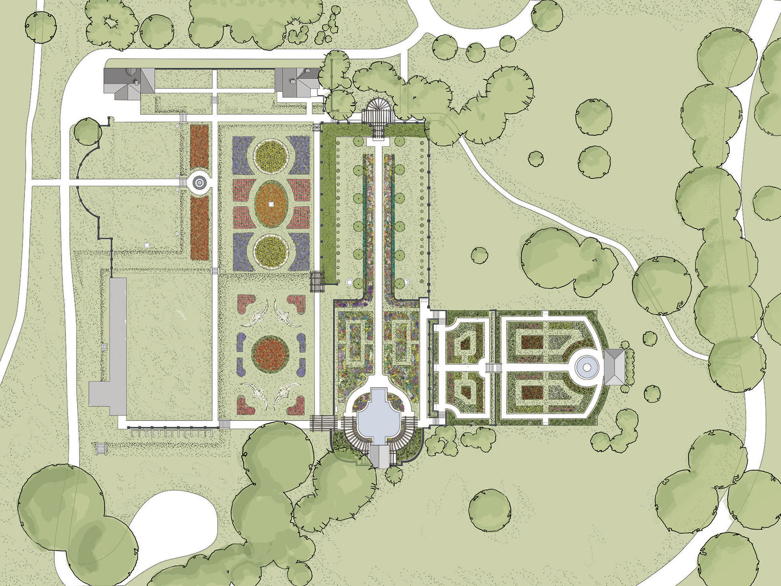 A diagram illustrating garden paths and flower beds.
