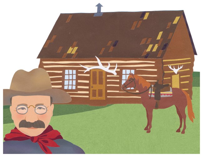 Construction paper cutout of Theodore Roosevelt in front of a cabin, horse.