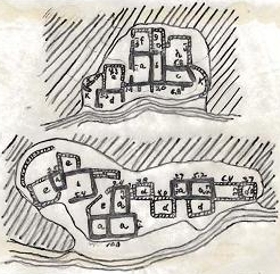 Bandelier's drawings of the Lower and Upper Cliff Dwellings