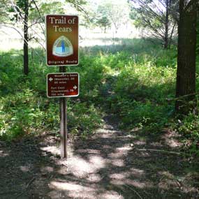 Signs mark location of Trail of Tears original route at Pea Ridge, Arkansas