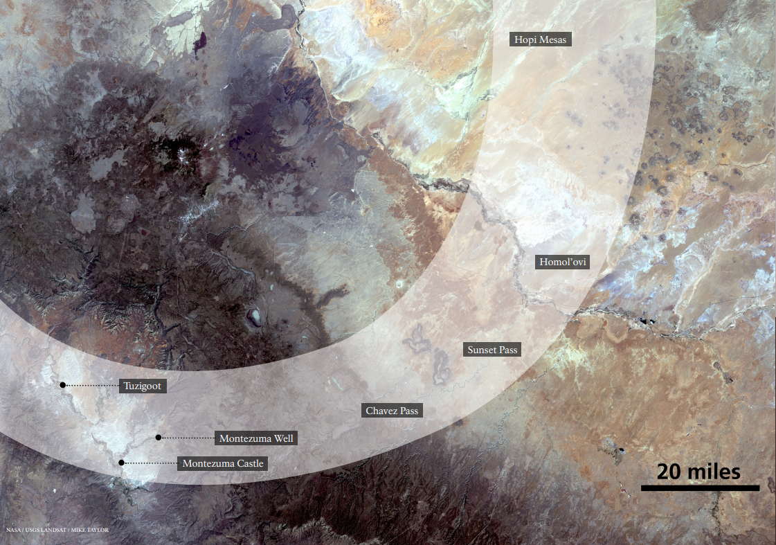 Color satellite image of northern Arizona, showing Verde Valley pueblo sites and points to the east where people migrated to when they left the Tuzigoot area