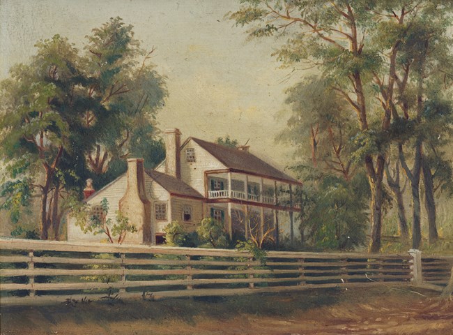 Painting of a white two-story frame house among trees