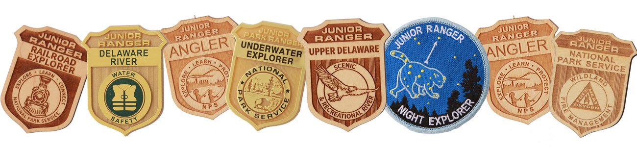 Line of 8 Junior Ranger badges, some made of shiny plastic and some tan wood