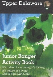 Booklet cover: Blue and green abstract watercolor painting with white text "Junior Ranger Activity Book. It's a river, it's a valley, it's history, it's nature, it's living. Dig in and EXPLORE!"