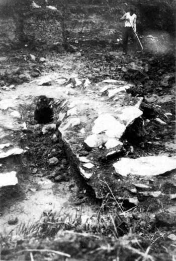Fig 16 Worker excavating one of Valley Forge's eighteenth-century forges in 1929. It is unclear whether this is the upper or lower forge