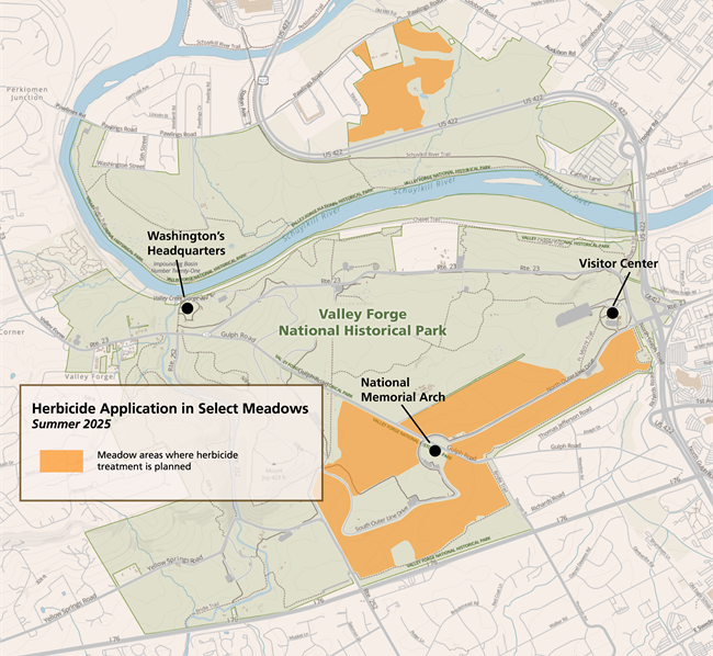illustrated map of Valley Forge National Historical Park with large orange blocks highlighting select meadows