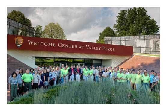 Valley Forge NHP staff and volunteers in front of the Welcome Center