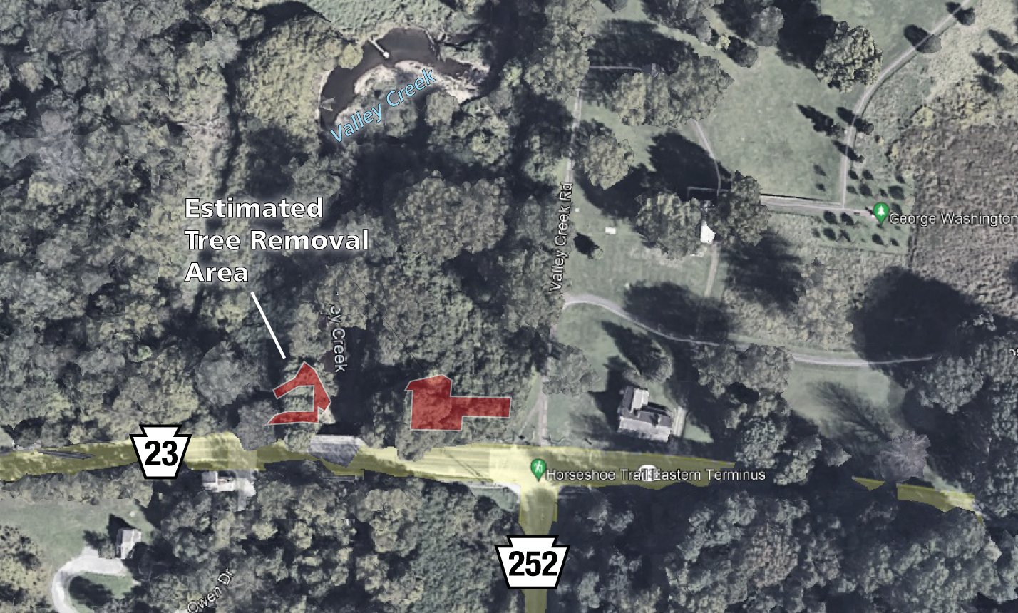Aerial image showing Rt 23, Rt 252 and Valley Creek. Two red polygons indicate the tree removal area. One polygon is on each side of Valley Creek.