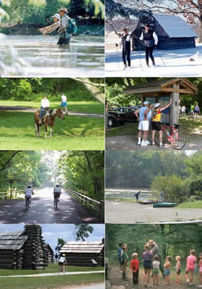 A collection of outdoor activities, including biking, boating, horseback riding, fishing, skiing, and hiking.