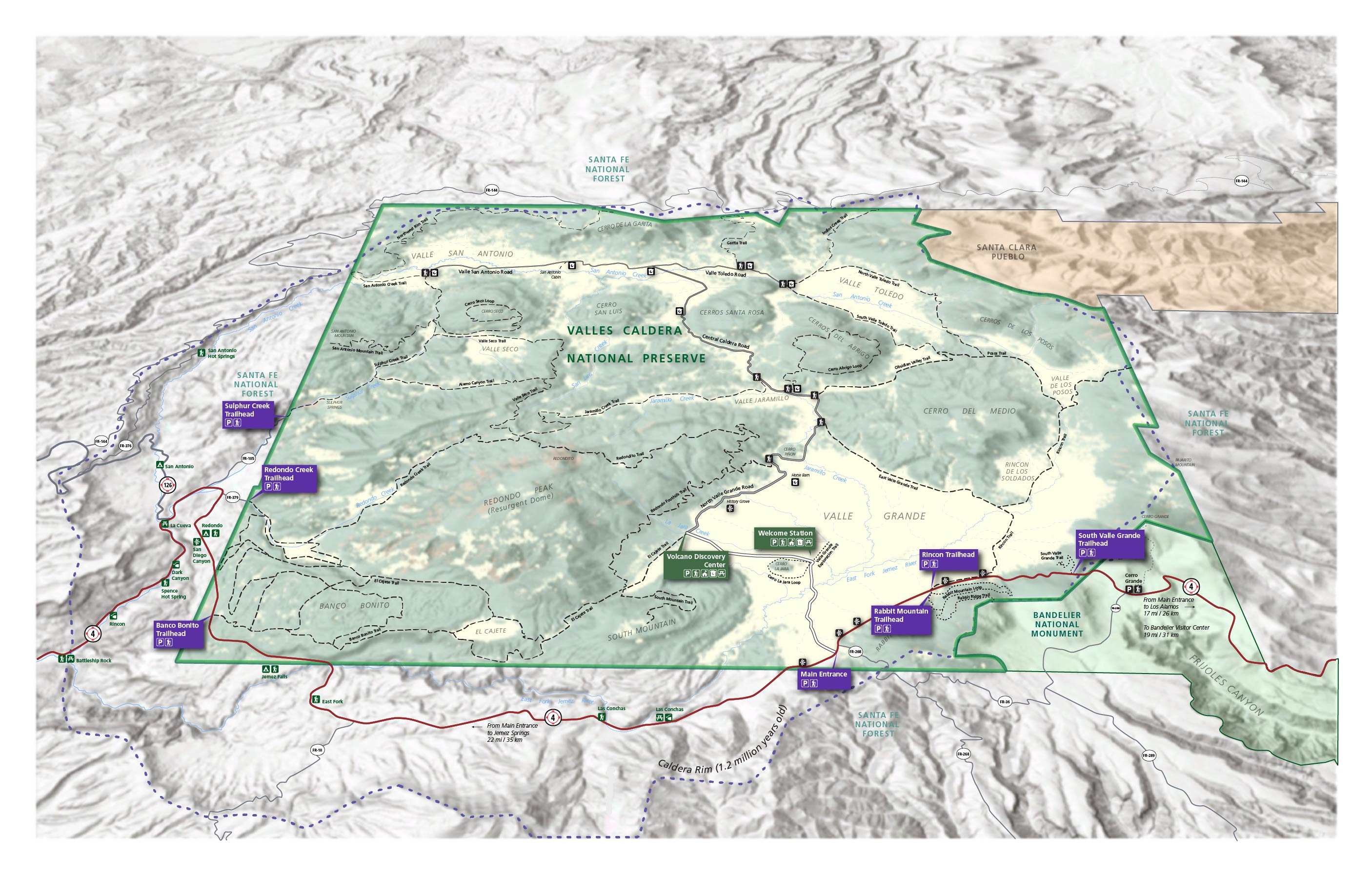 A map of Valles Caldera's roads, trails, facilities, and entrances.