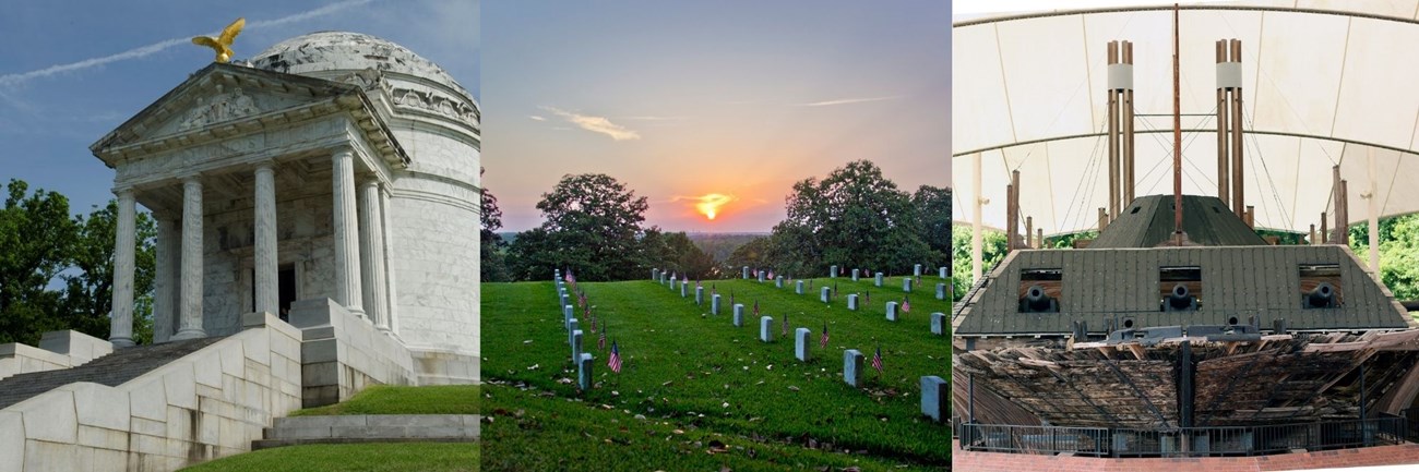 Three images of Illinois Memorial, Vicksburg National Cemetery and USS Cairo