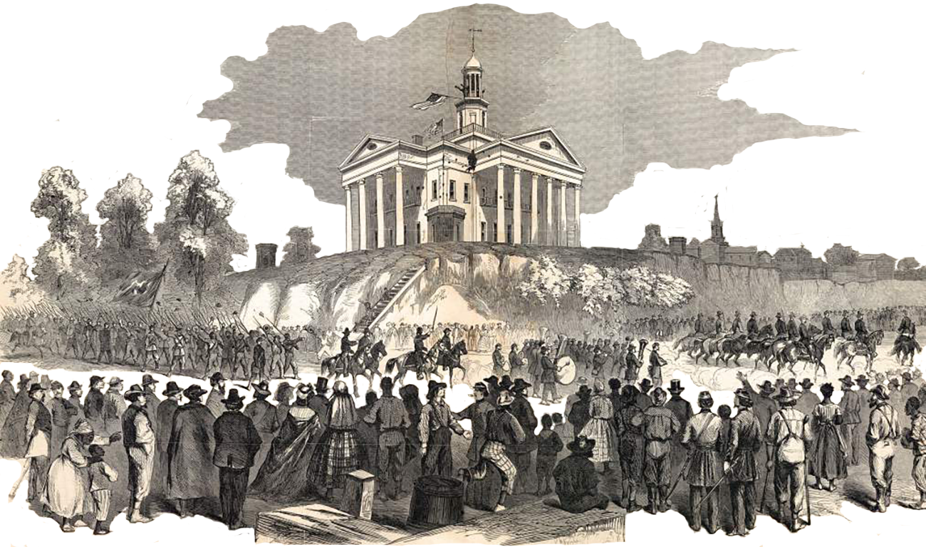 A drawing from Frank Leslie's Illustrated Newspaper depicting Confederate prisoners, citizens, and freed enslaved people watching Grant's victorious army march into Vicksburg.