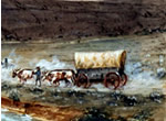 painting of covered wagon being pulled by oxen