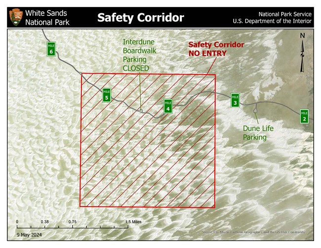 A map titled Safety corridor shows a red box between mile marker 3 and 5.5. Highlighting safety corridor on dunes drive road.