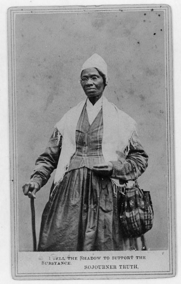 Sojourner Truth with cane and bag