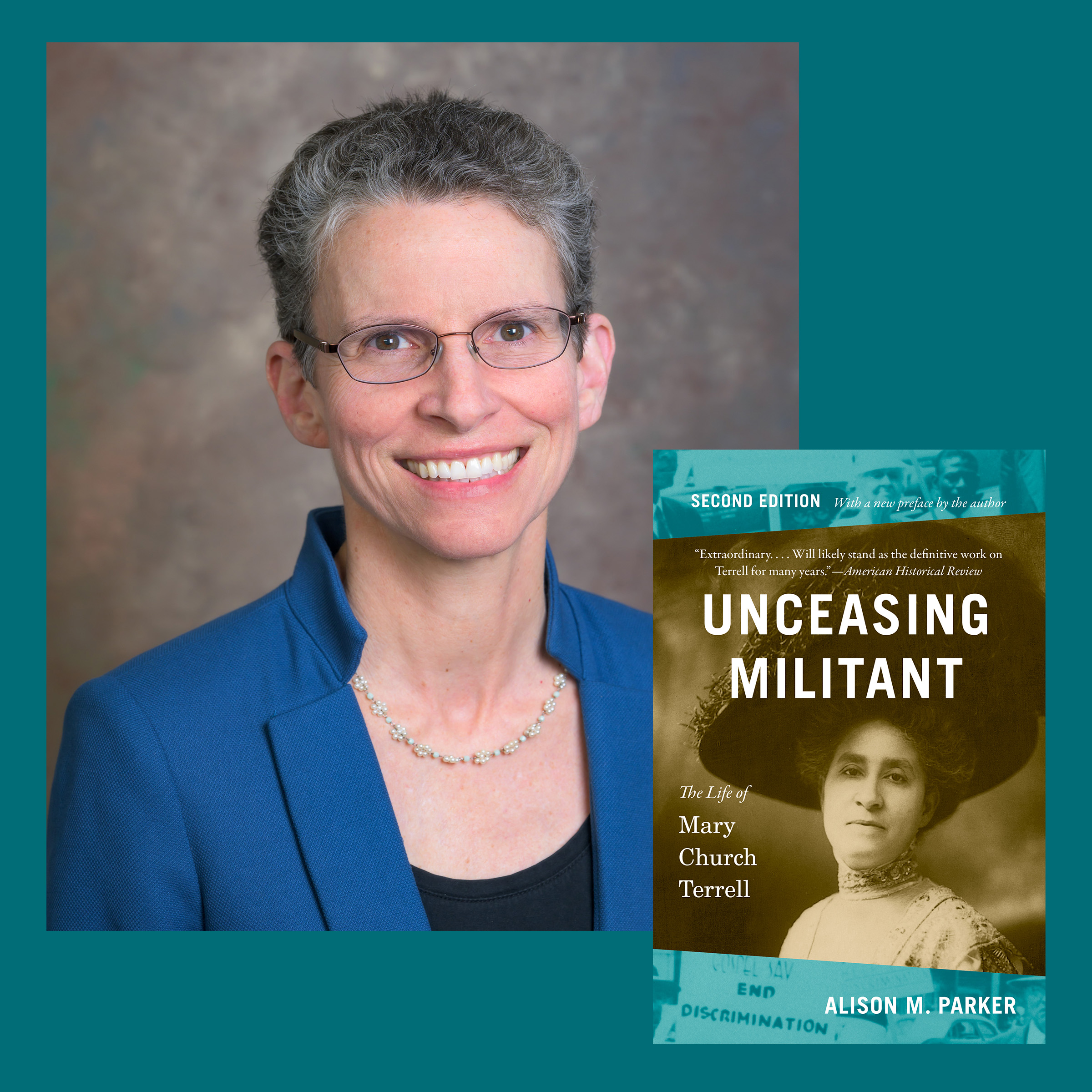 A headshot of a woman with short hair, and the cover of a book with a portrait of a woman in a large hat.