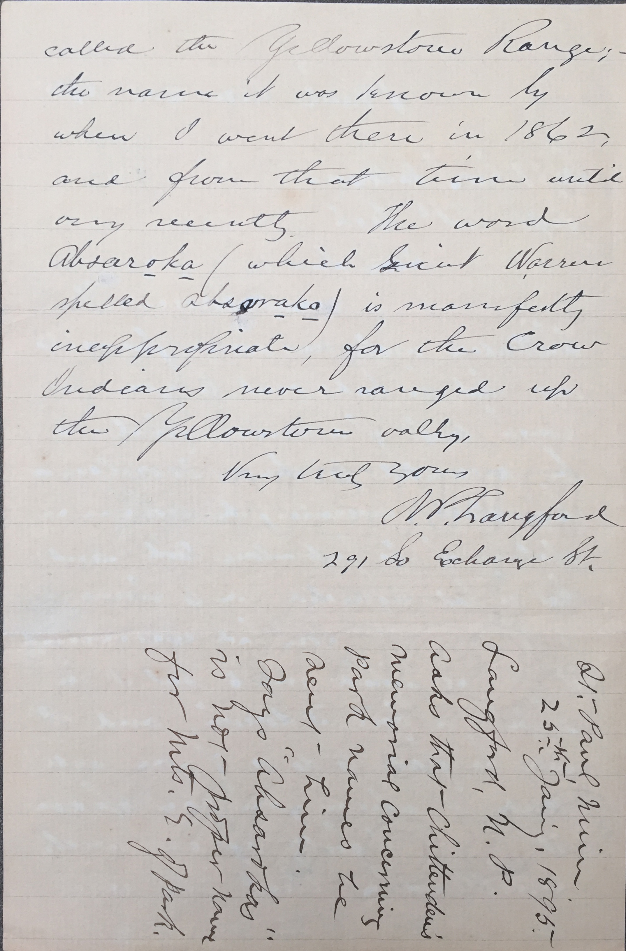 January 25, 1895 Letter written by Langford to Acting Army Superintendent George Anderson, concerning Chittenden and the naming of the mountains on the east side of the park