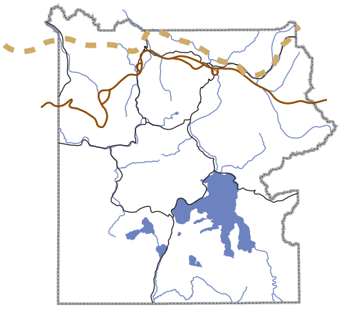 A map of Yellowstone and its major roads, rivers, and lakes, with two locations for the Bannock Trail