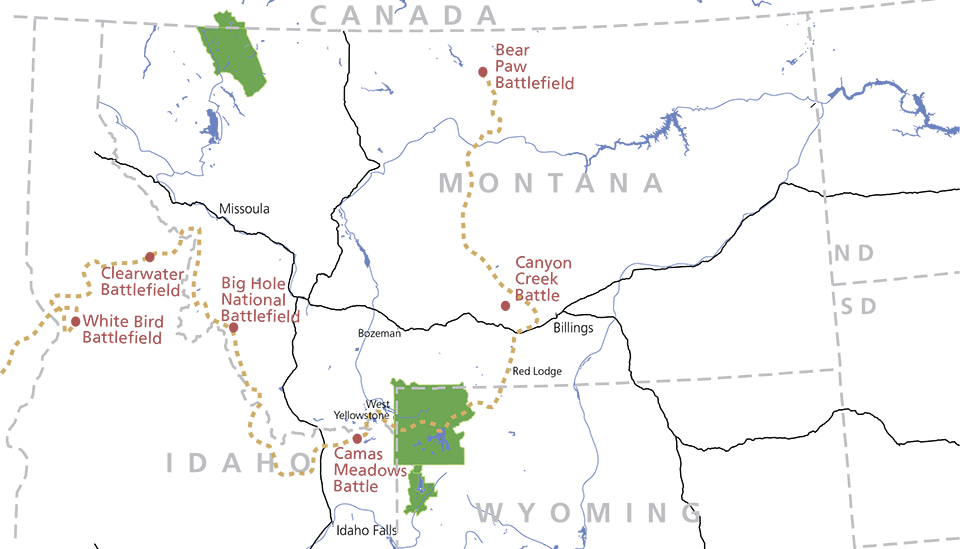 A map of Idaho, Montana, and parts of Wyoming, North Dakota, and South Dakota, rivers, and lakes, interstate highways, the trail of the Nez Perce, and significant events
