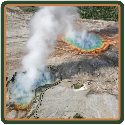 Aerial view of Grand Prismatic Spring and Excelsior Geyser Crater.