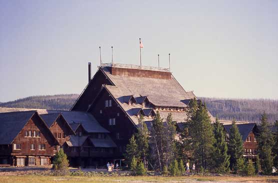 A view of the exterior of the Old Faithful Inn