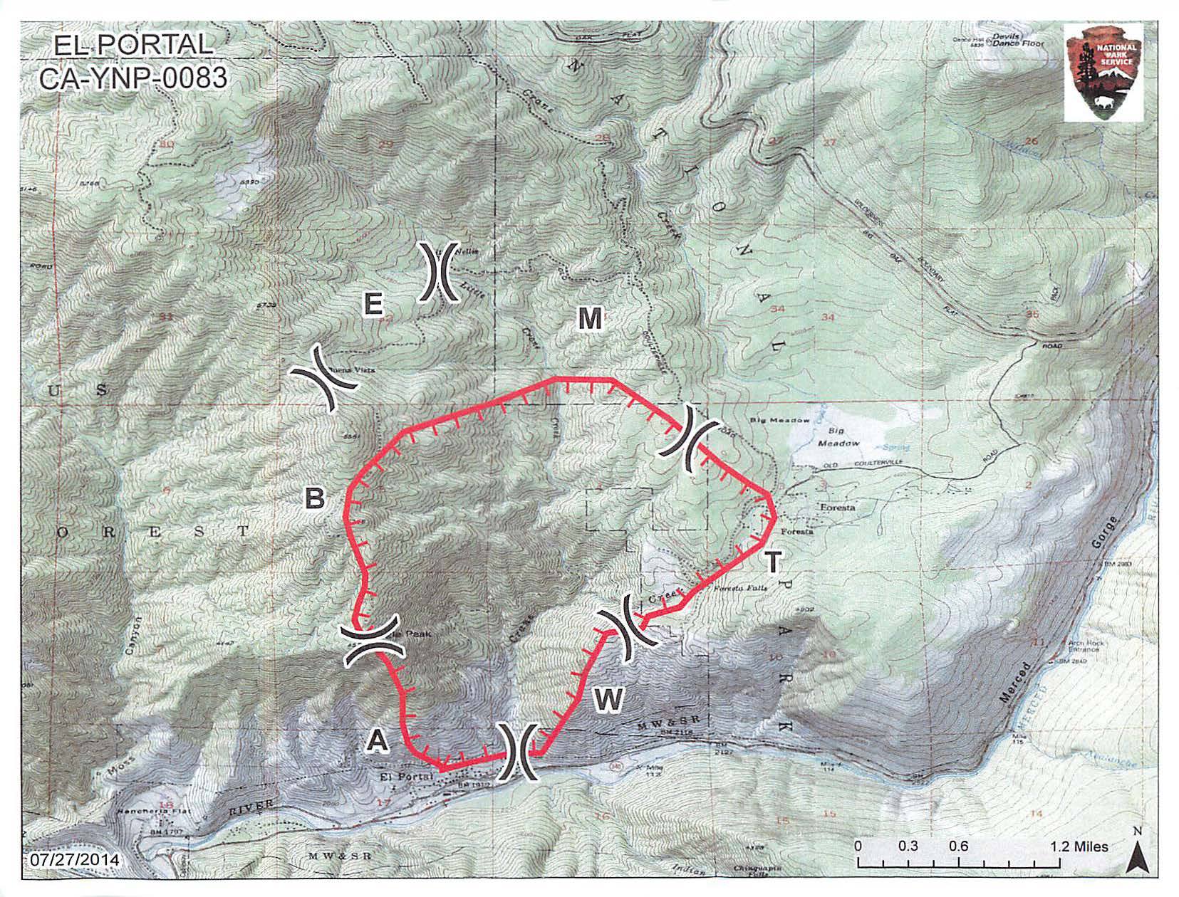 map showing fire perimeter in El Portal and Foresta areas