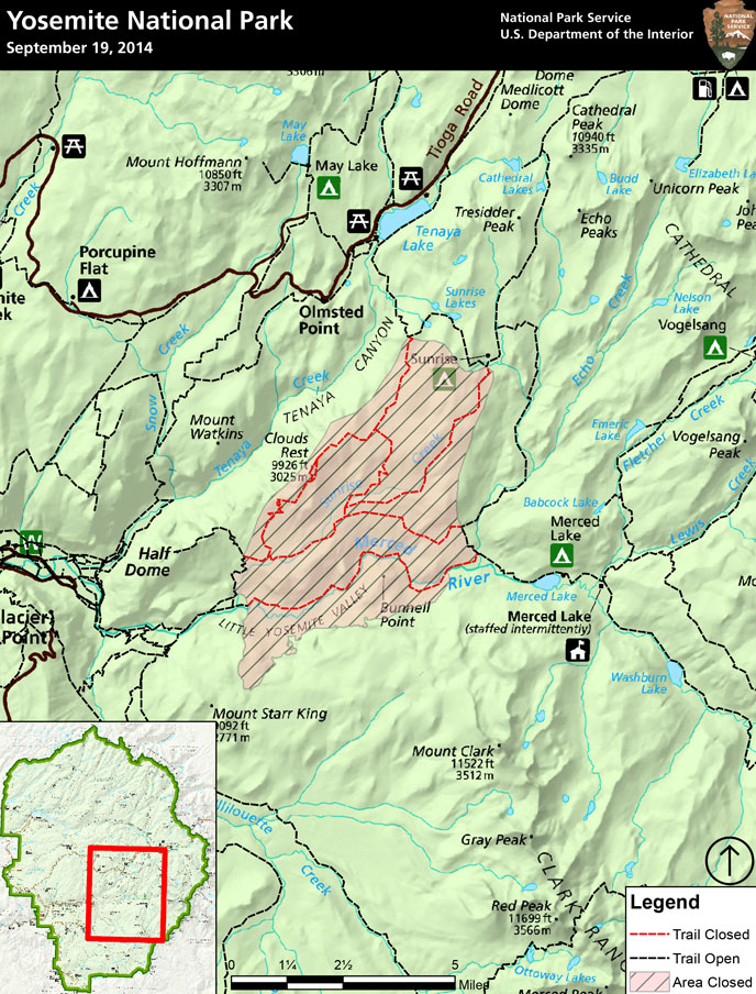 Map showing closure east of Half Dome, as described above