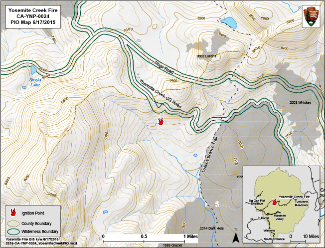 Map showing fire south of Yosemite Creek Campground road