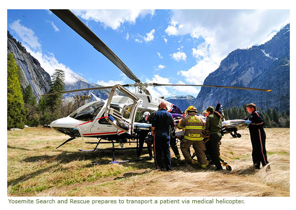 Yosemite Search and Rescue prepares to transport a patient via medical helicopter. 