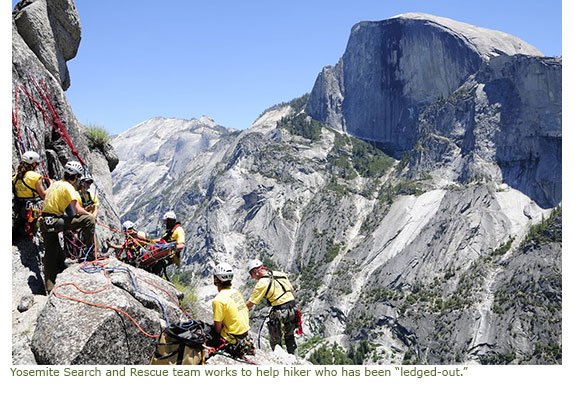 Yosemite Search and Rescue Team work to help hiker who has been 