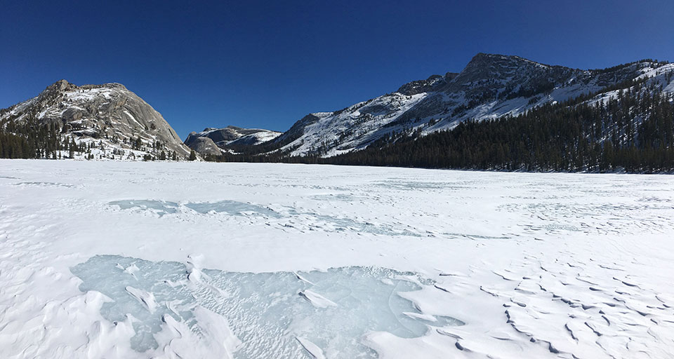 Frozen Tenaya Lake on February 24, 2022.
