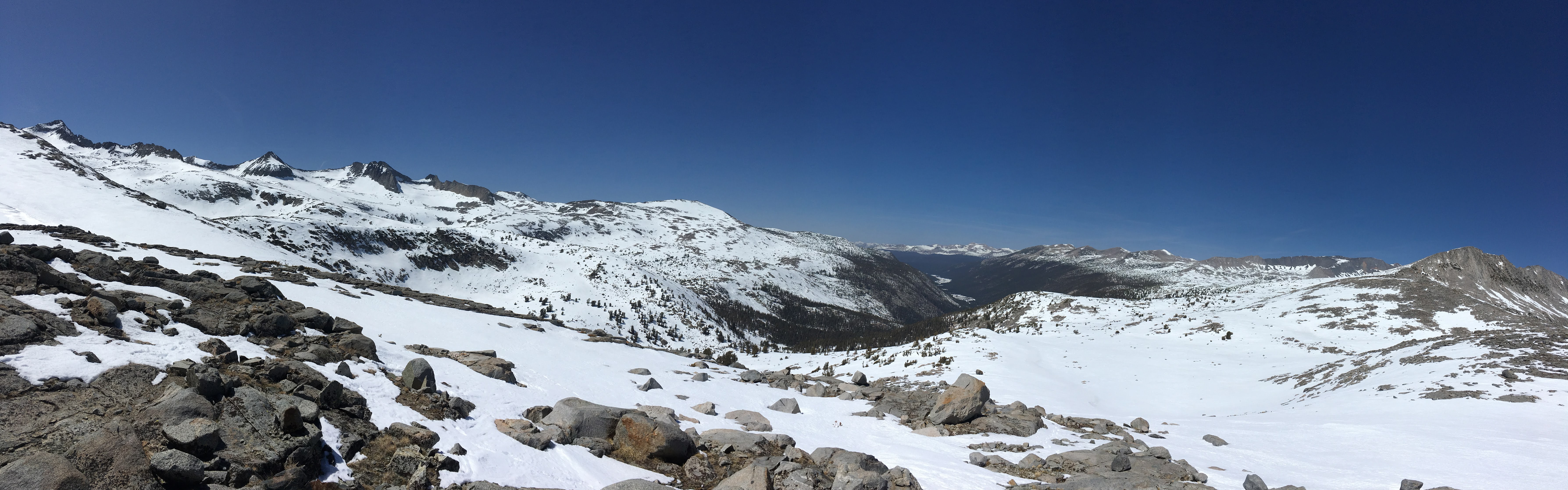 Panorama looking down Lyell Canyon from a summit, with a mostly snow-covered landscape except in the canyon itself