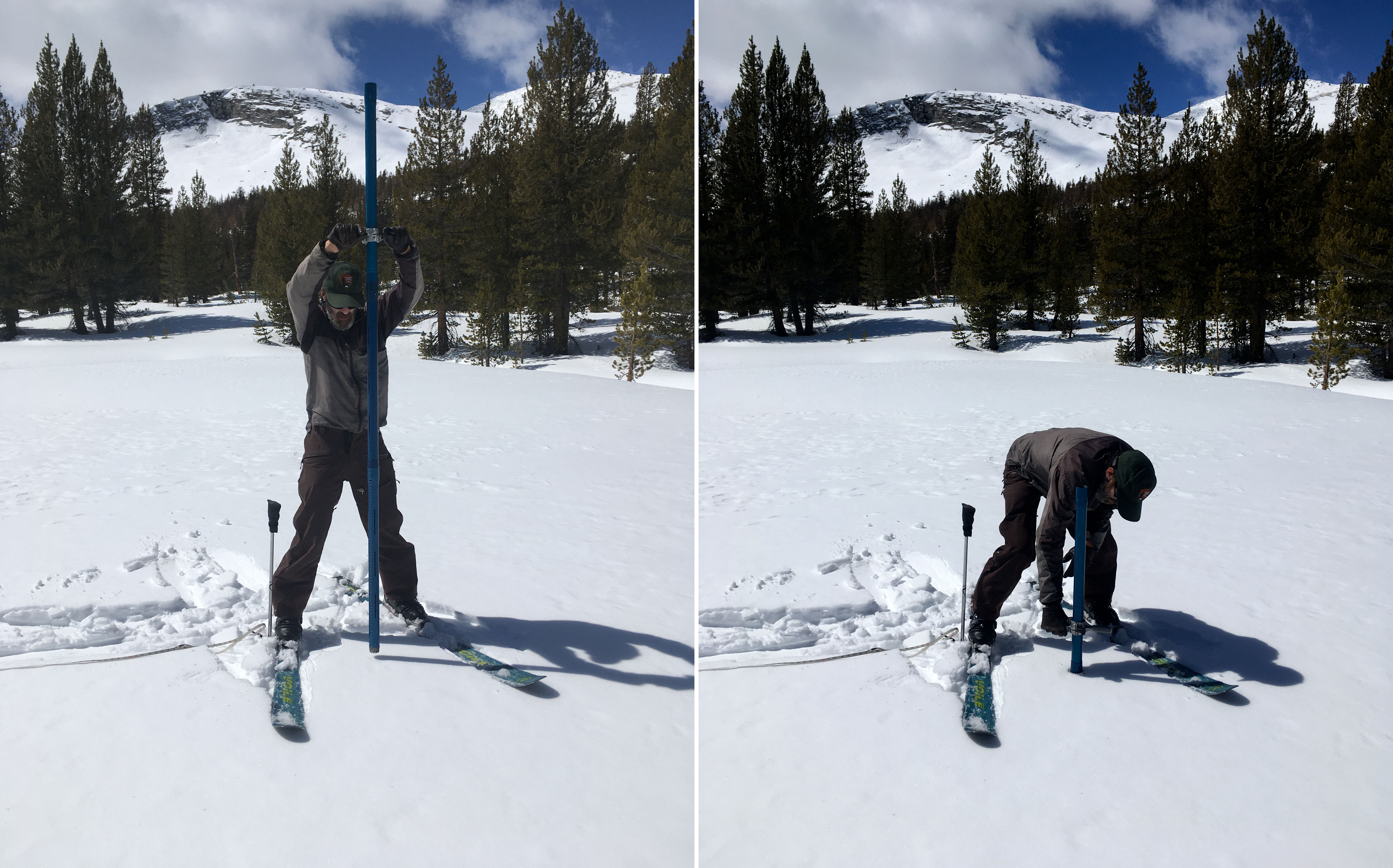 Two photos showing a ranger vertically shoving a tube into the snow-covered ground